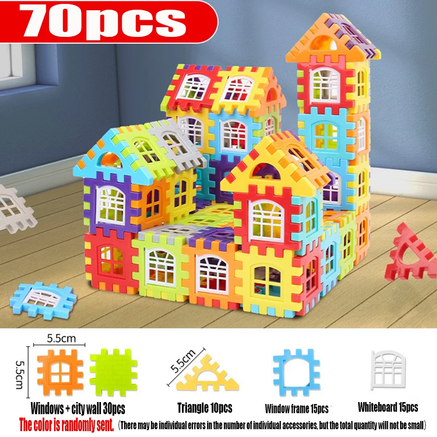 Bouw de bouwsteenpuzzel van het huis. Gratis doe-het-zelf. Kleuterschoolspeelgoed. Educatief speelgoed voor kinderen. Cadeaus voor kinderen