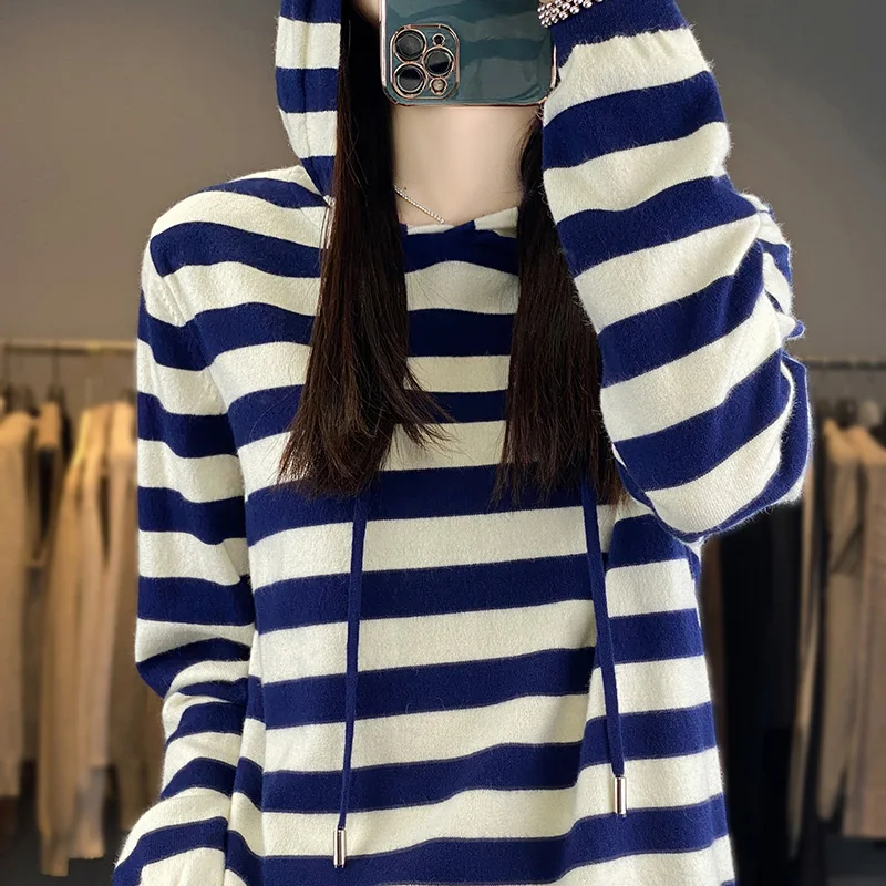 

2023 New Striped cashmere hoodie Sweater Women Knit Tops Hoodies Casual Women Long Sleeves hoodie Pullover