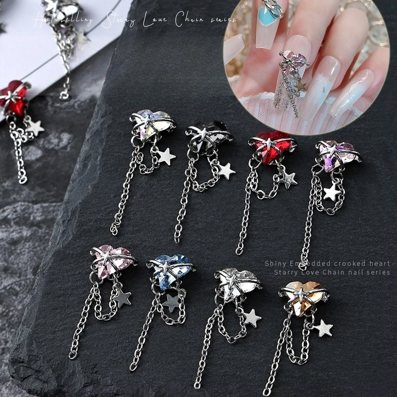 1Pcs Silver Alloy Tassel Chain Slant Heart Star Pendant Nail Charms DIY Manicure Press On Nails Handmade Nail Art Decor