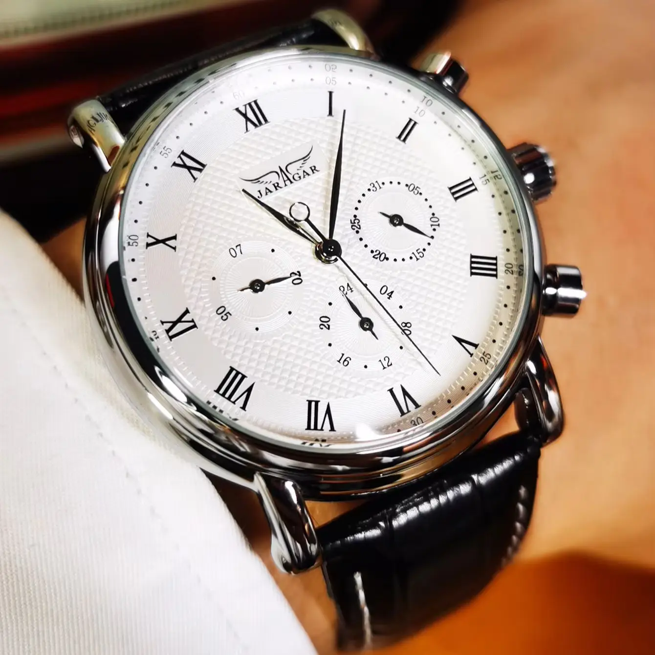 

Jaragar Business Watch for Men Multifunctional Small Dials Fashion Sports Automatic Mechanical Watches Luxury Leather Strap New
