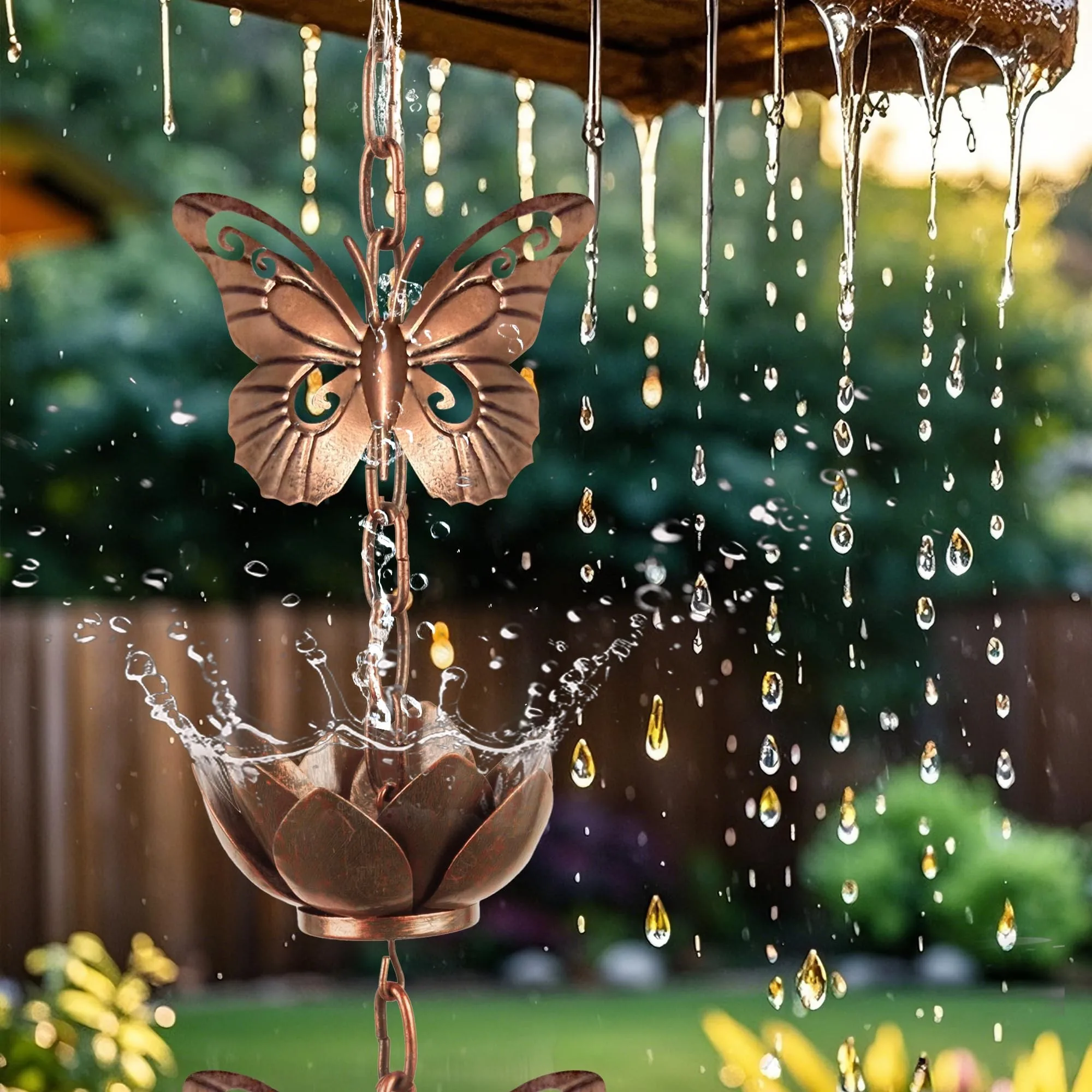 8.8 ft Adjustable Copper 12 Butterfly Lotus Cup Rain Chain, Decorative Functional Outdoor Gutter Downspout Replacement