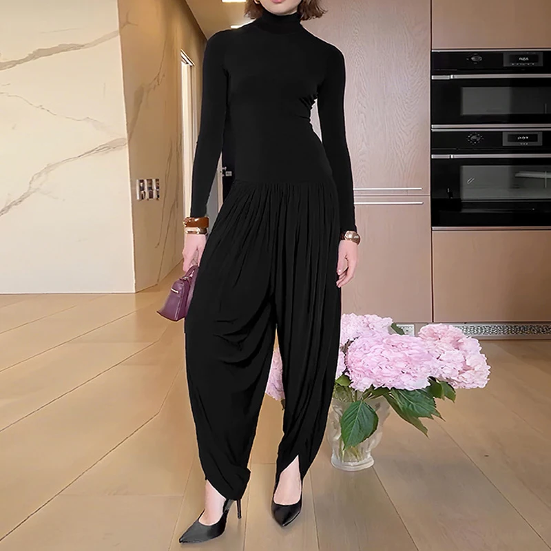 

Fashion Slim Long Sleeve Playsuits Overalls Casual Lady Pleat New High Waist Romper Temperament Turtleneck Solid Color Jumpsuits