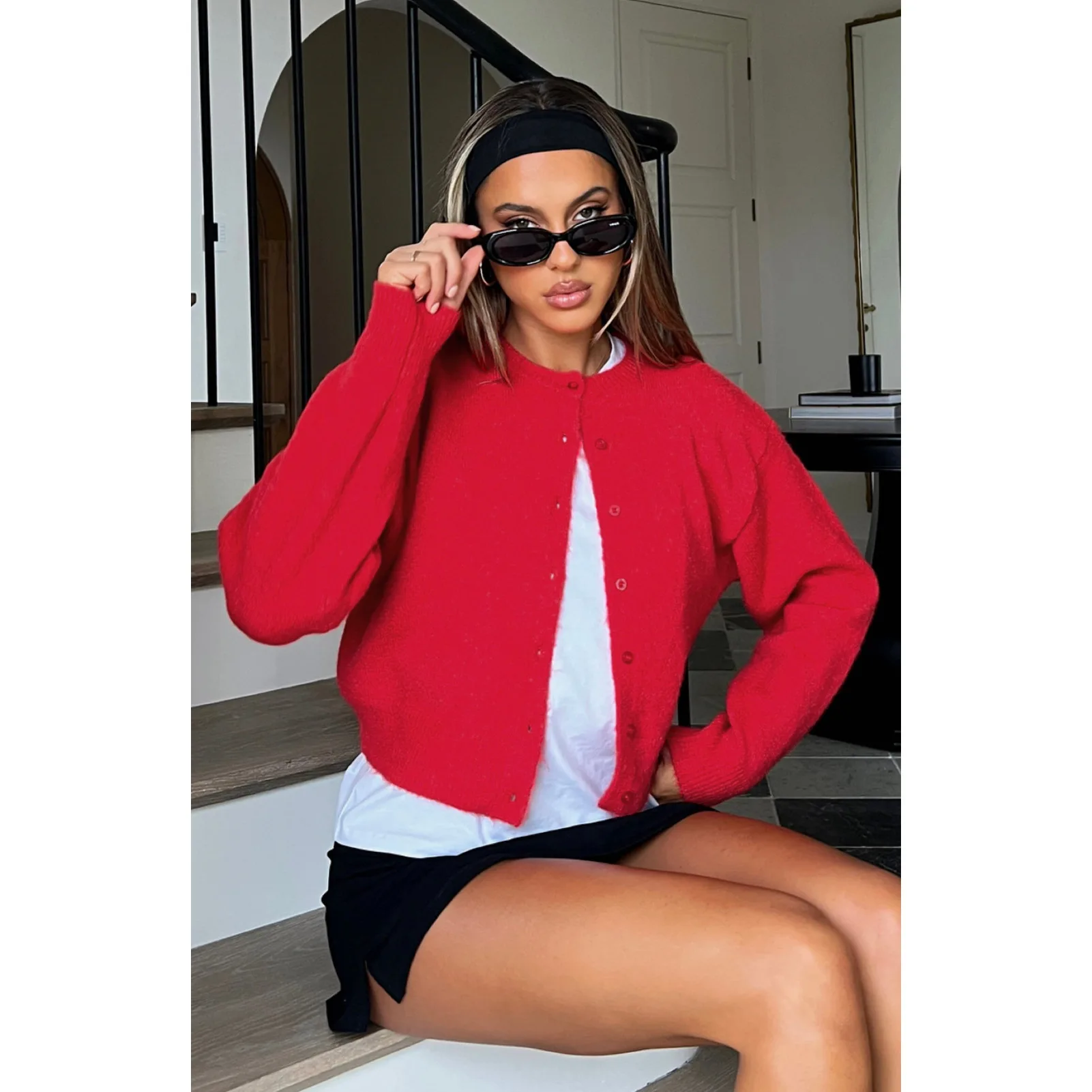 2025 Cardigan monopetto in maglia da donna, comodo e casual, tinta unita, maglione corto