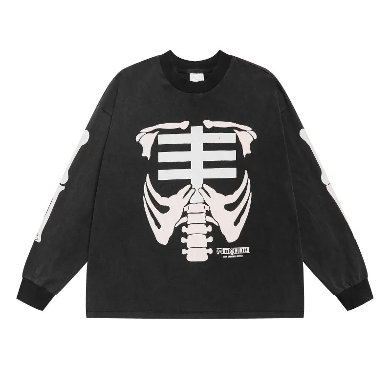 Fashion Hip-Hop Saint Skull Dark Distressed Long-Sleeve T-Shirt Fall Winter Loose Fit Crew Neck Cotton T-Shirt