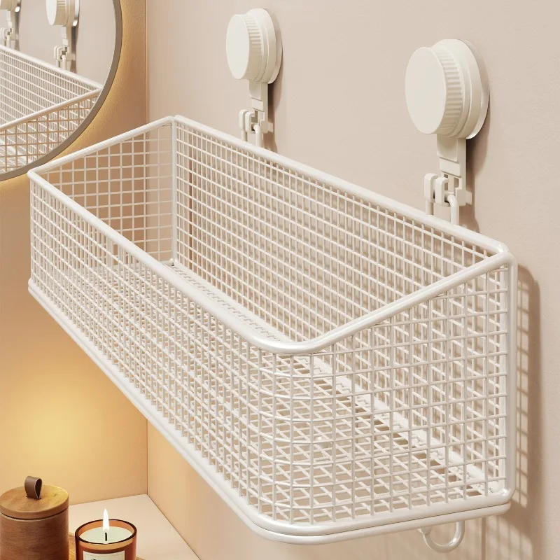 Wall Mount Suction Cup Bathroom Storage Basket Punch Free Shower Caddy Rack For Shampoo Toothpaste Skincare Toilet Organizer