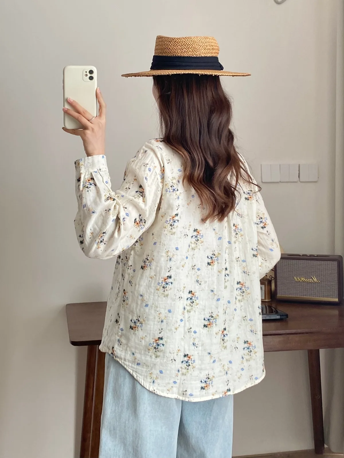 New Autumn Cotton Shirt Women Lapel Floral Print Folds Top Girl Long Sleeve Loose Sweet Casual Blouse Retro 2024 Spring T41815QM