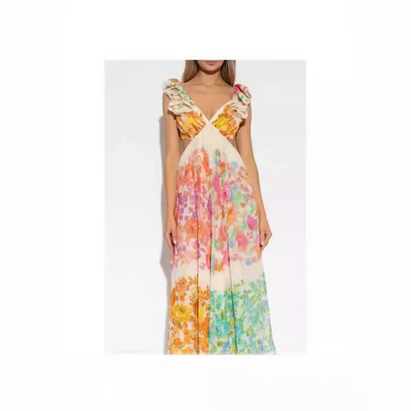 

TOY-Fashionable Socialite Style Flutter SleevesVWaist-Cinching Slimming Mid-Length DressaPrinted Dress Beach Vacation Long Dress