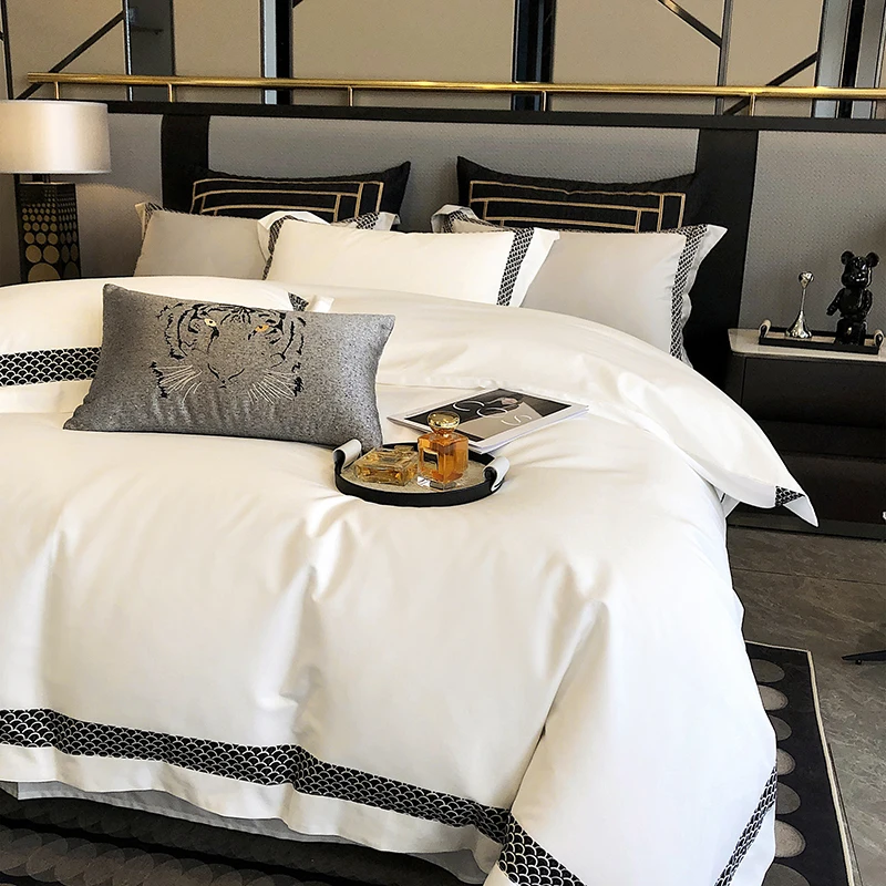 

White 1000TC Egyptian Cotton Luxury Hotel Style 4Pcs Bedding Set Broad Side Embroidery Duvet Cover Set Pillowcases Bed Sheet Set