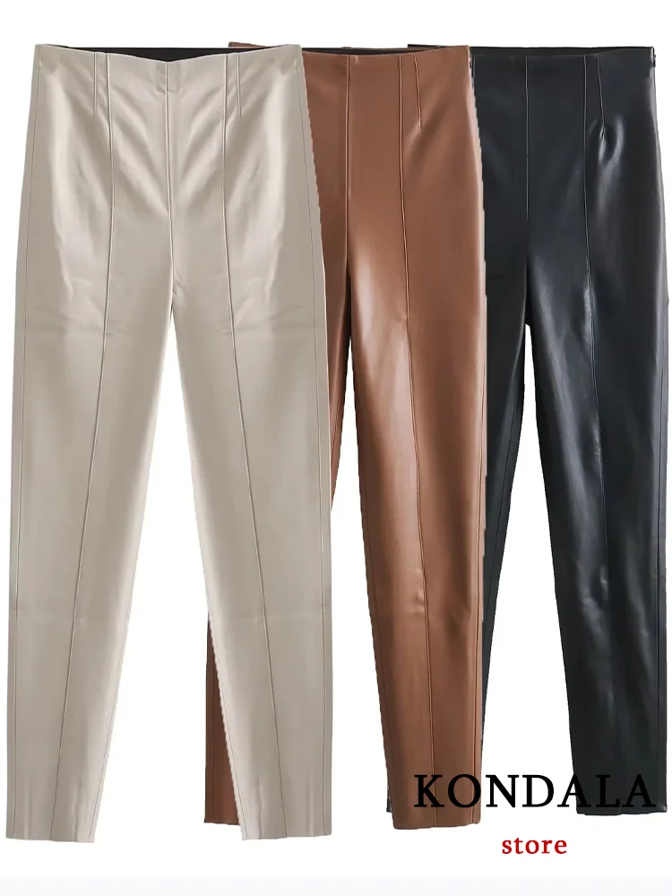 KONDALA Vintage Solid Leather Chic Pants High Waist Zipper Straight Slim Leg Pants Fashion 2024 Autumn Winter Trousers Pants