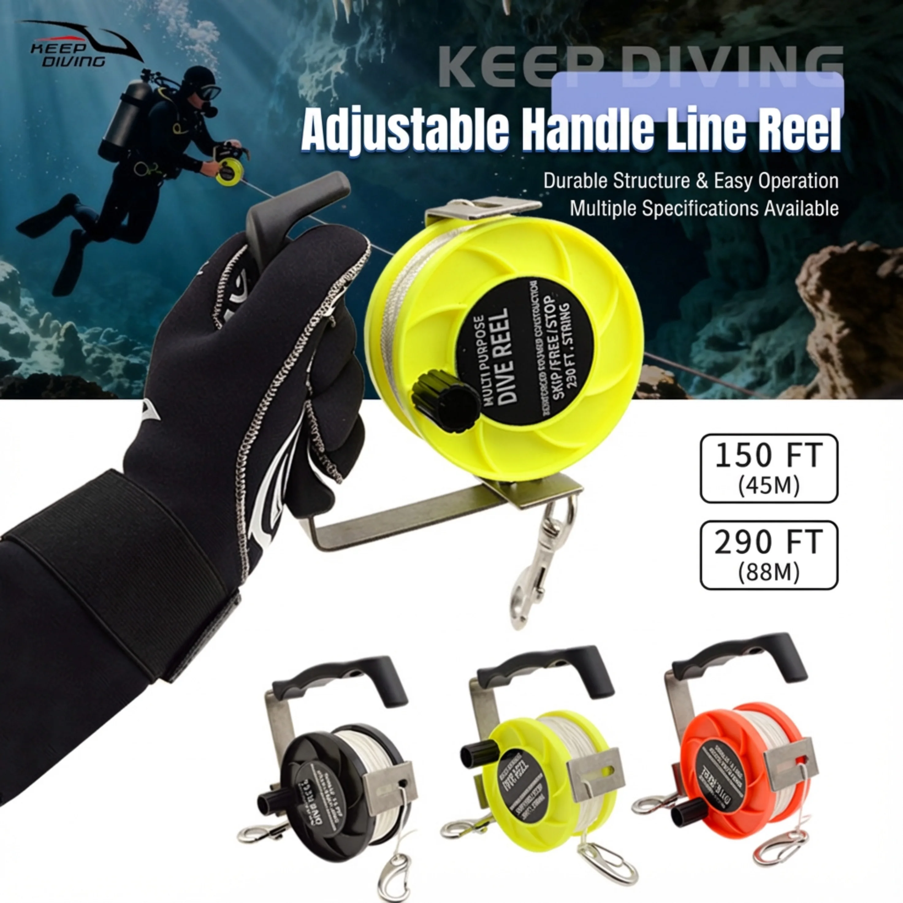 150m/290ft Cave Diving Reel with Adjustable Handle - Technical Guide Line Reel for SMB, Underwater Operations and Line Laying