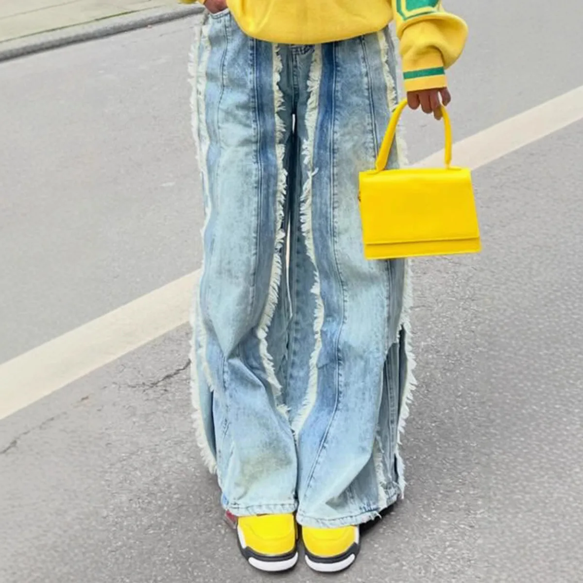 

Women Wide Leg Pants Jeans Tassels Distressed Washed High Waist Loose Trousers Floor Length 2026 Streetwear Vintage Denims