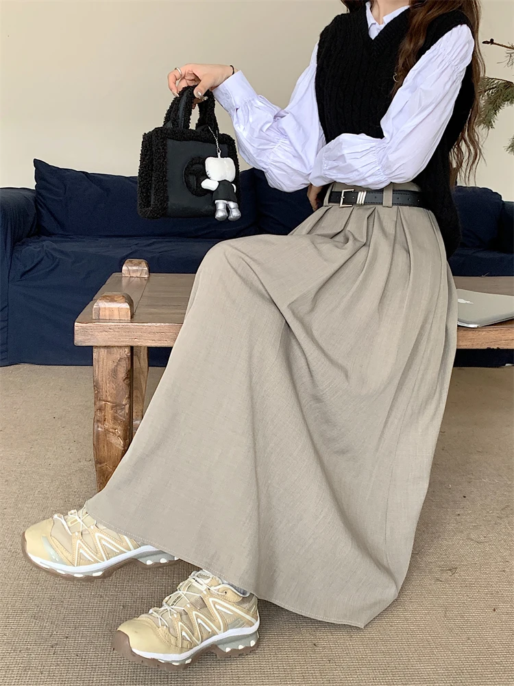 2026 New Korean Skirt Women Solid Color Versatile Mid-length Pleated Skirt Large Swing Type Skirt Female Long Skirts for Women