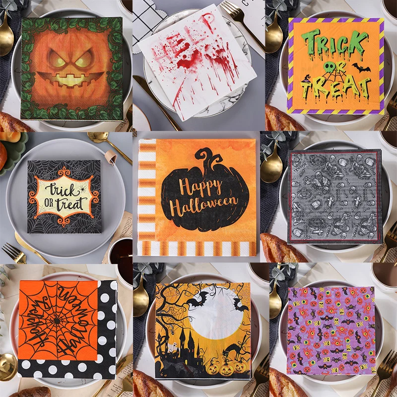 20pcs Halloween Theme Paper Disposable Napkins Decoupage Serviettes For Festival Party Tableware Home Decor Supplies