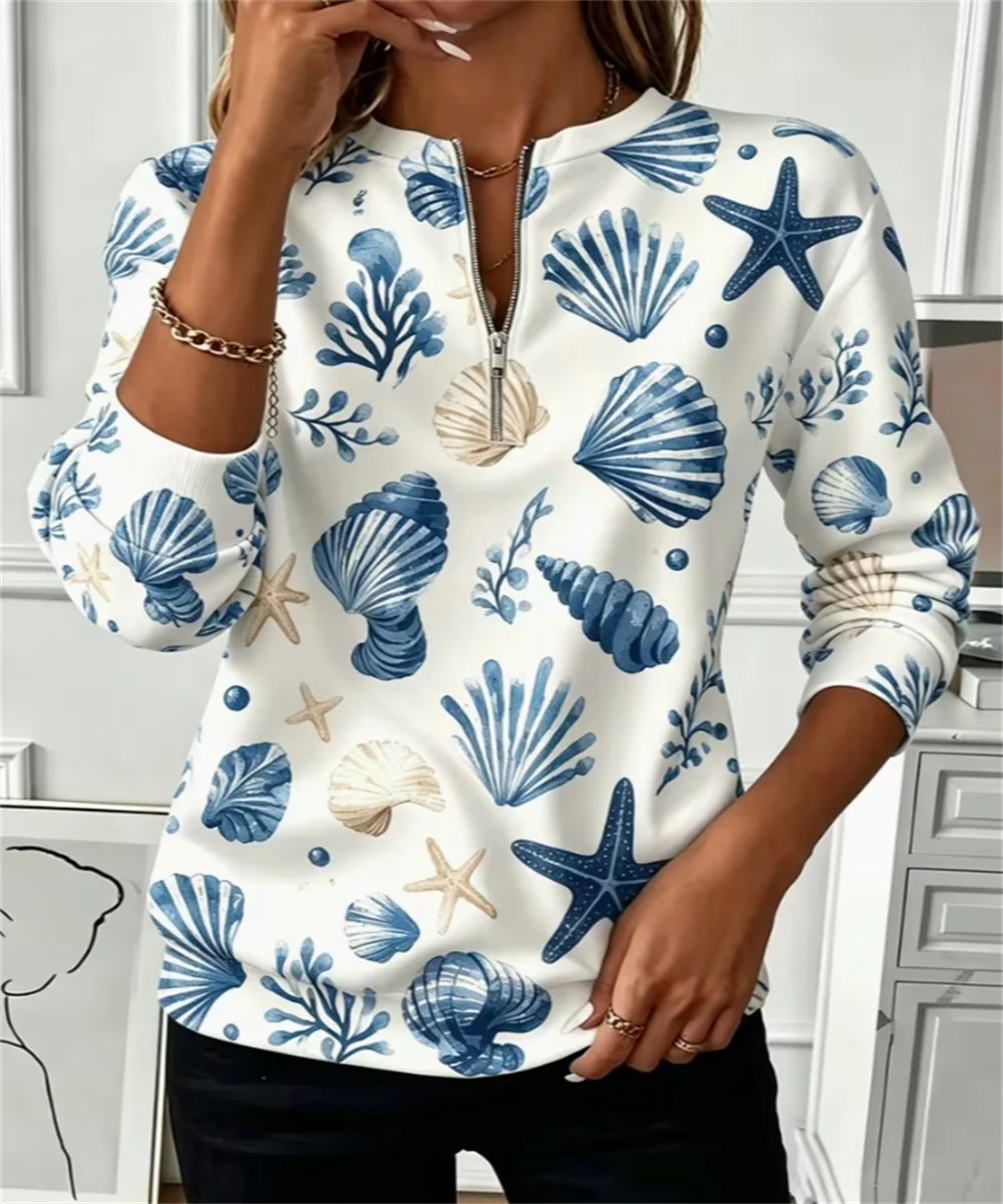 2026 Spring and Autumn Women's New Marine Theme Pattern Printed Long Sleeve Hoodie, Fresh Casual Style Top