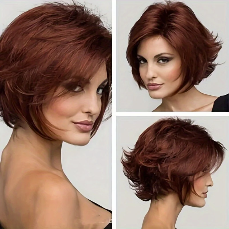 Elegant, fluffy, fashionable silver-gray synthetic wig with bangs, top-of-the-head scalp medium-length hair wig, perfect summer