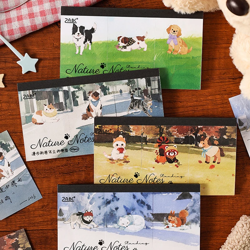 90 sheets/book of natural sticky notes, with creative and cute cat and dog patterns that can be written and torn off as decorati