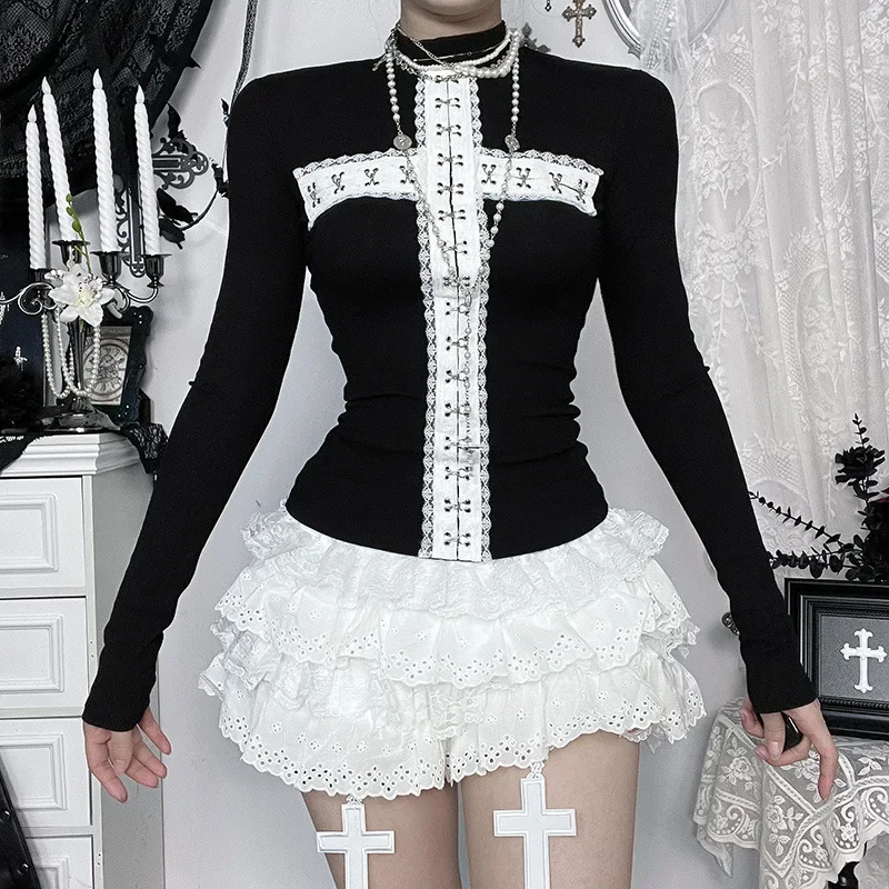 2025 New Vintage Dark Embellished White Cross Long Sleeve T-shirts Gothic Punk Harajuku Slim Tees Women's Basic Casual Tops Tees