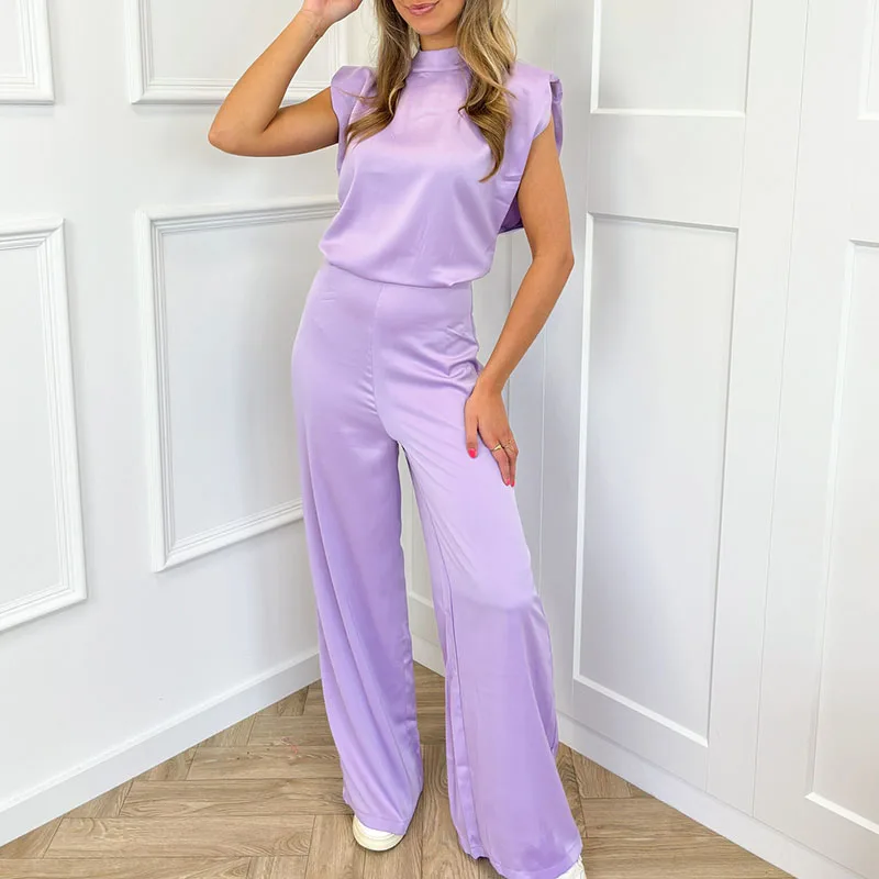 

Элегантный комбинезон с высокой талией и драпировкой, офисный стиль, с воротником-стойкой, однотонный атласный комбинезон, женский повседневный комбинезон без рукавов с широкими штанинами