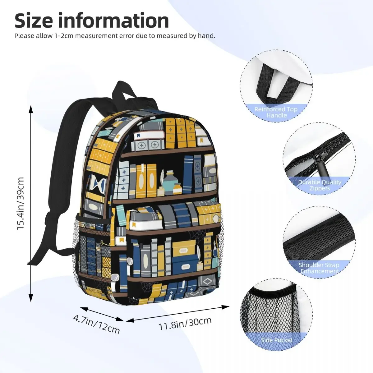 Bookcase Pattern - Blue Yellow Library Backpacks Teenager Bookbag Cartoon Students School Bags Travel Rucksack Shoulder Bag