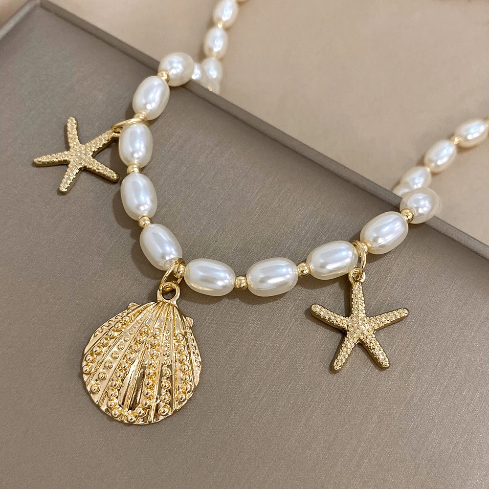Greatera Trendy Starfish Shell Charms Imitation Pearl Chain Choker Necklaces for Women Statement Party Jewelry Gifts