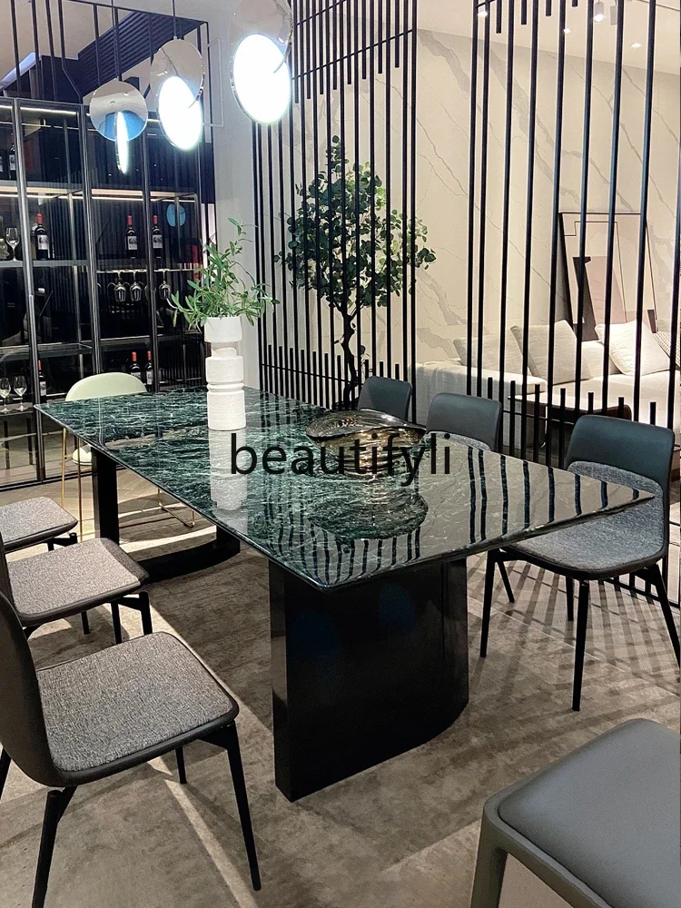 Light luxury minimalist large flower green natural luxury stone rectangular dining table high-end villa custom simple home