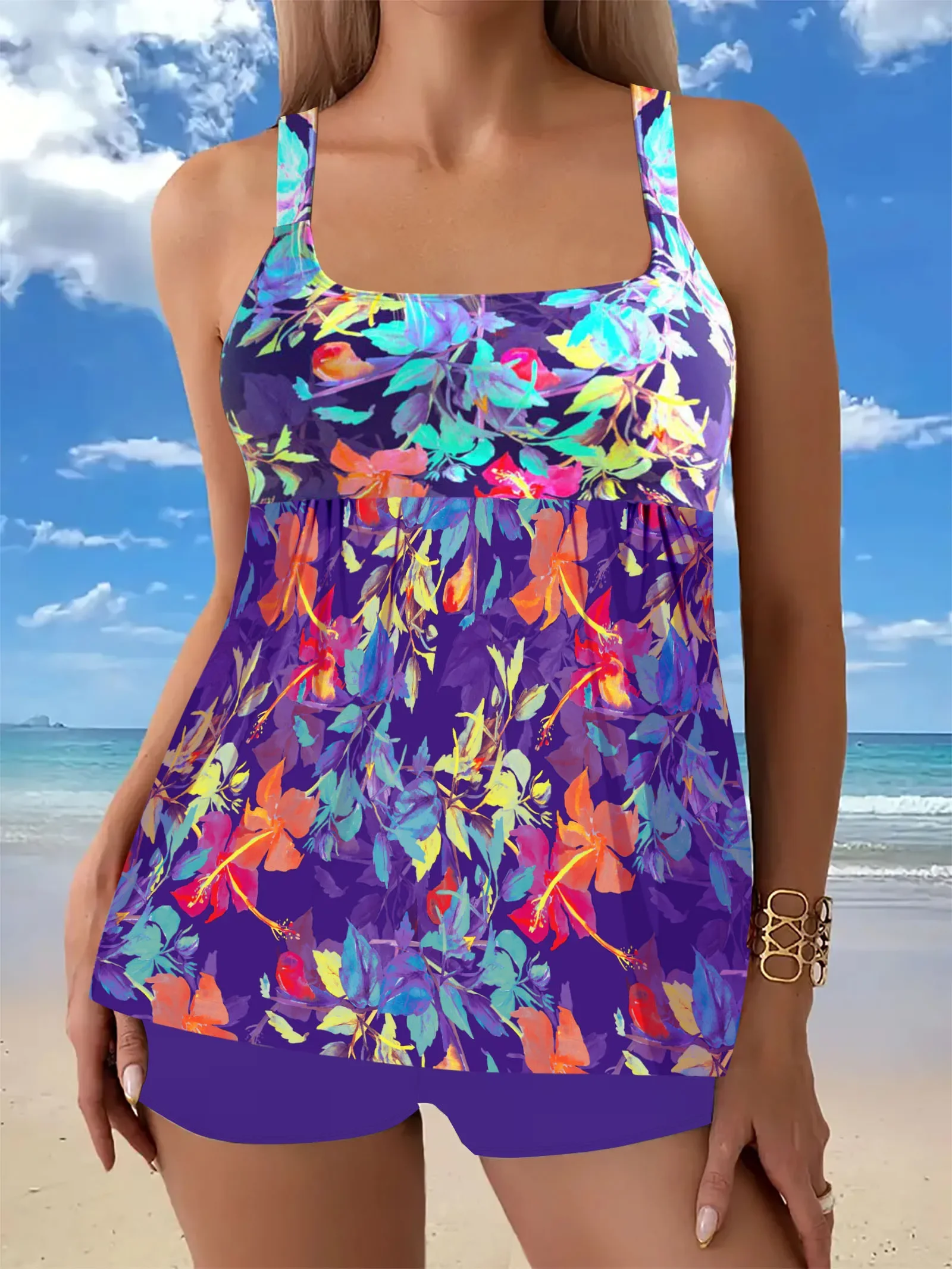 Floral Pattern 2 Piece Set Tankini, Skirted Style with Boyshorts Swimsuits, Women's Swimwear & Clothing Summer Sexy Bikini
