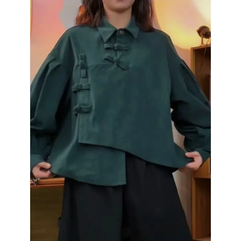 

Ретро национальный стиль с пряжкой Креативный лацкан Свободный топ Повседневная нишевая рубашка Дизайн Длинный рукав Дневная рубашка Рубашка Женские рубашки для женщин