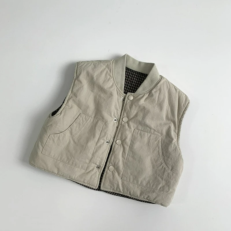 2026 Winter New Double Sided Cotton Vest Boys and Girls Plaid Camisole Warm Vest Korean Japanese Style Kids Coat