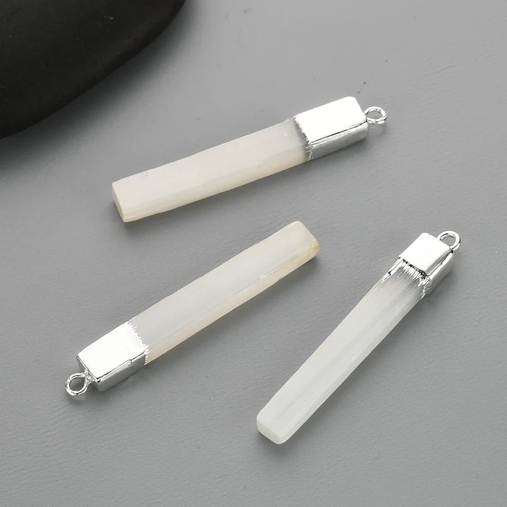 Silver Plated Natural White Selenite Long Bar Pendant Reiki Healing Crystal Charm For Jewelry Making DIY Necklace Dropshipping