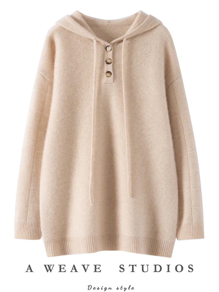 

Autumn Winter Women Cashmere Hooded Sweater Half Buttons Pullover Knitwear Top Thick Mid-Long Soft 100% Cashmere Hoodie Jumper