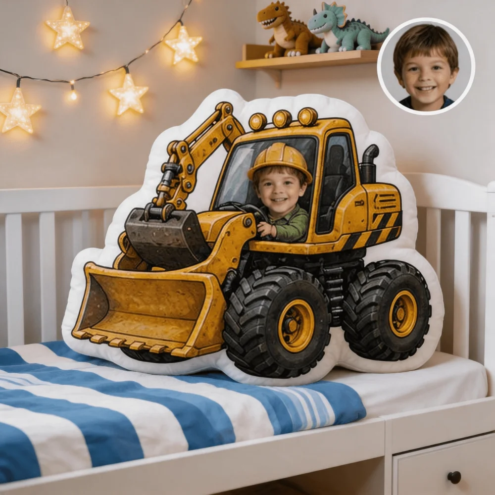 Personalized Photo Custom Pillow: Yellow Custom-Shaped Decorative Cushion with Construction Vehicle Characters, Stylish Illustration Embellished Pillow, Suitable for Sofa and Bed, Customizable Home Decor, Unique Gift for Family Members