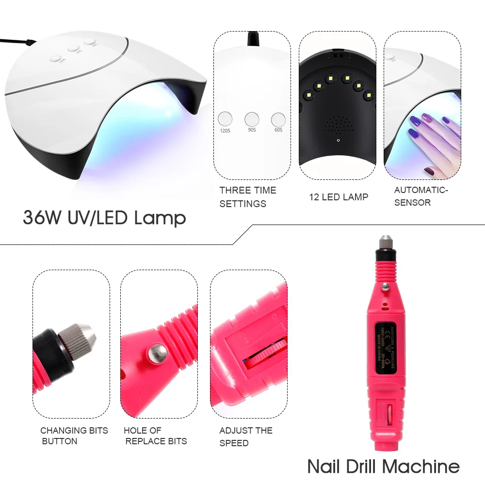 Maniure Tools Set 20 PCS Gel Nail Polish With 36W Nail Lamp Electric Nail Drill Machine Semi Permanent Gel Varnish Nail Art Set