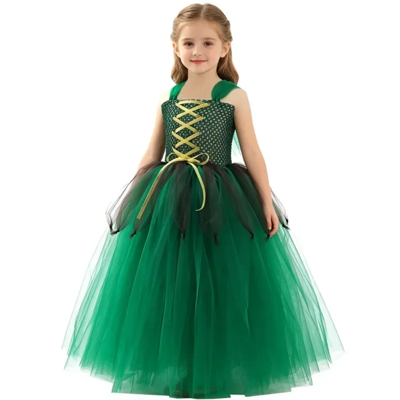 Disfraz de elfa del bosque para niñas, vestido largo de hada del bosque, color verde oscuro, con mangas acampanadas, falda tutú, ideal para Halloween, carnaval, cosplay y fiestas de disfraces.