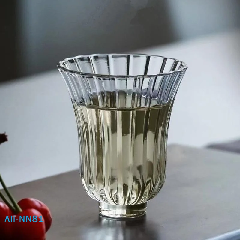 【N】Japanese Style Mini Glass Tea Cup,Floral Petal Design Gongfu Tea Set,50ml Small Cups,Transparent Drinking Utensils
