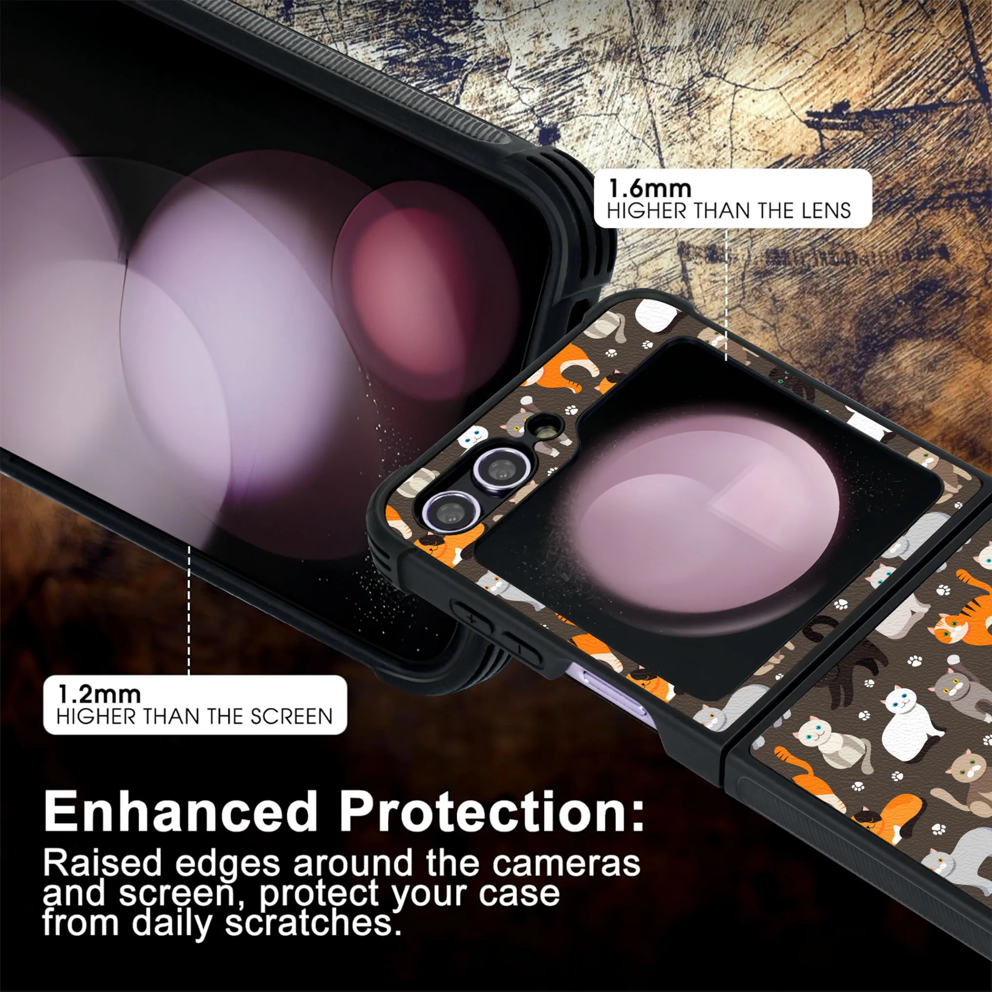 Patterned PU Leather + Soft TPU Bumper Shockproof Protective Case Cover Compatible With Galaxy Z Flip5 5G ,Adorbale Cat