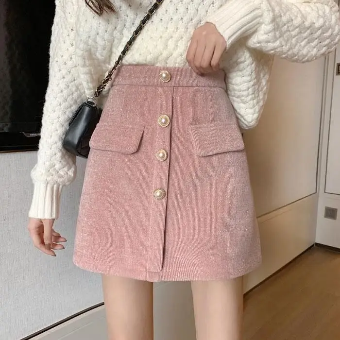 Skirt With Bright Silk Buttons Design High-Waisted Spring Autumn Women New Solid Color A-Line Versatile Hip-Hugging Short Skirt