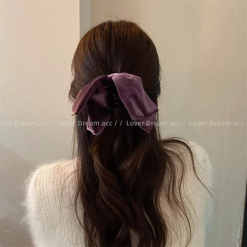 Korean Autumn and Winter New Gold Logo Velvet Bow Shark Clip Barrettes Retro Premium Grip Hair Clip Hair Accessories