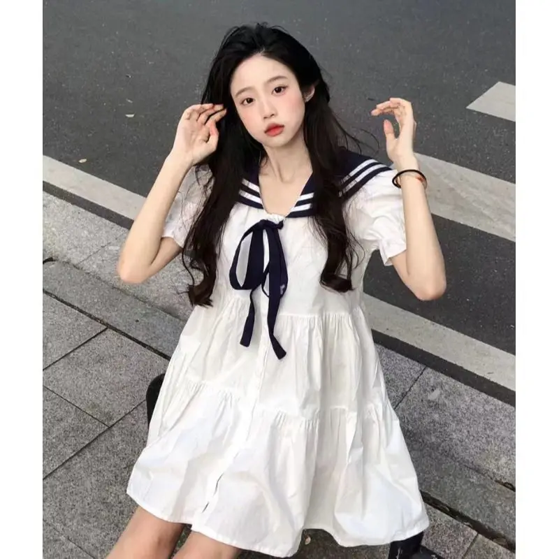 Sweet Sailor Collar Spliced Solid Color Folds Bow Mini Dress Female Clothing 2024 Spring Summer Loose Puff Sleeve Shirt Dress