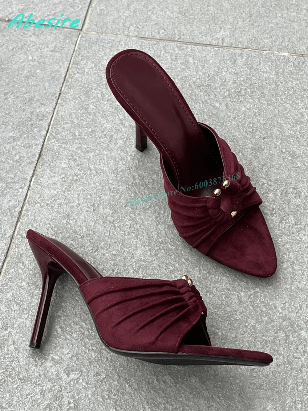 Burgundy Suede Pleated Slip-On Slippers Pointed Toe Metal-Decoration Stiletto Heels Women's Shoes Summer Outside Fashion Shoes