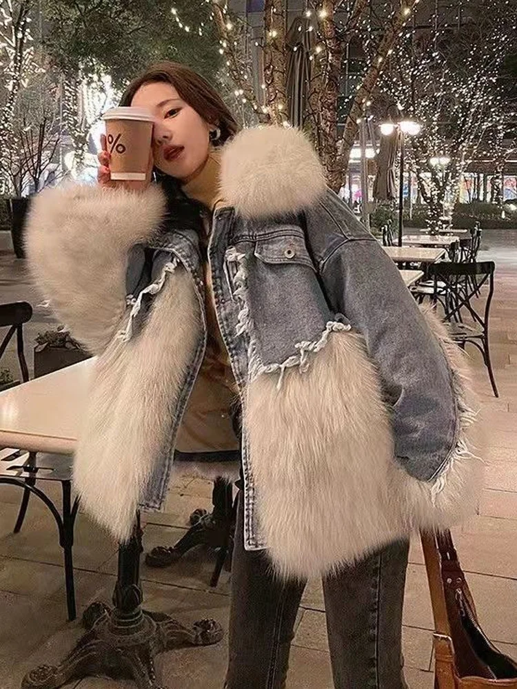 Women Winter Denim Jacket Oversize Large Patchwork Faux Fur Coat Leather & Skin Women\'s Fur Coat Thick Warm Bomber Jean Coat