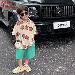 2-9Y Boys Pure Cotton Shirt and Green Shorts 2-piece Summer Shirt Short Sleeved Shorts Set 2024 Baby Boy Beach Vacation Clothes