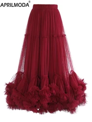 Fashion Spring Autumn High Elastic Waist Red Mech Ruffles A-line Midi Long Skirts Ball Gown Elegant Midi Half-body Skirt Women