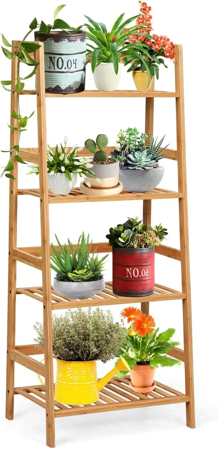 

4-ярусная бамбуковая лестничная полка, многофункциональный стеллаж для хранения для дома, офиса, гостиной, спальни, кухни, подставка для растений, книжная полка