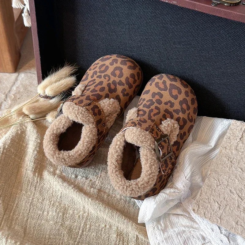 Toddler Warm Fleece‑Lined Winter Shoes, Adjustable Buckle Strap Leopard  Solidc Brown Kids Clog Shoes