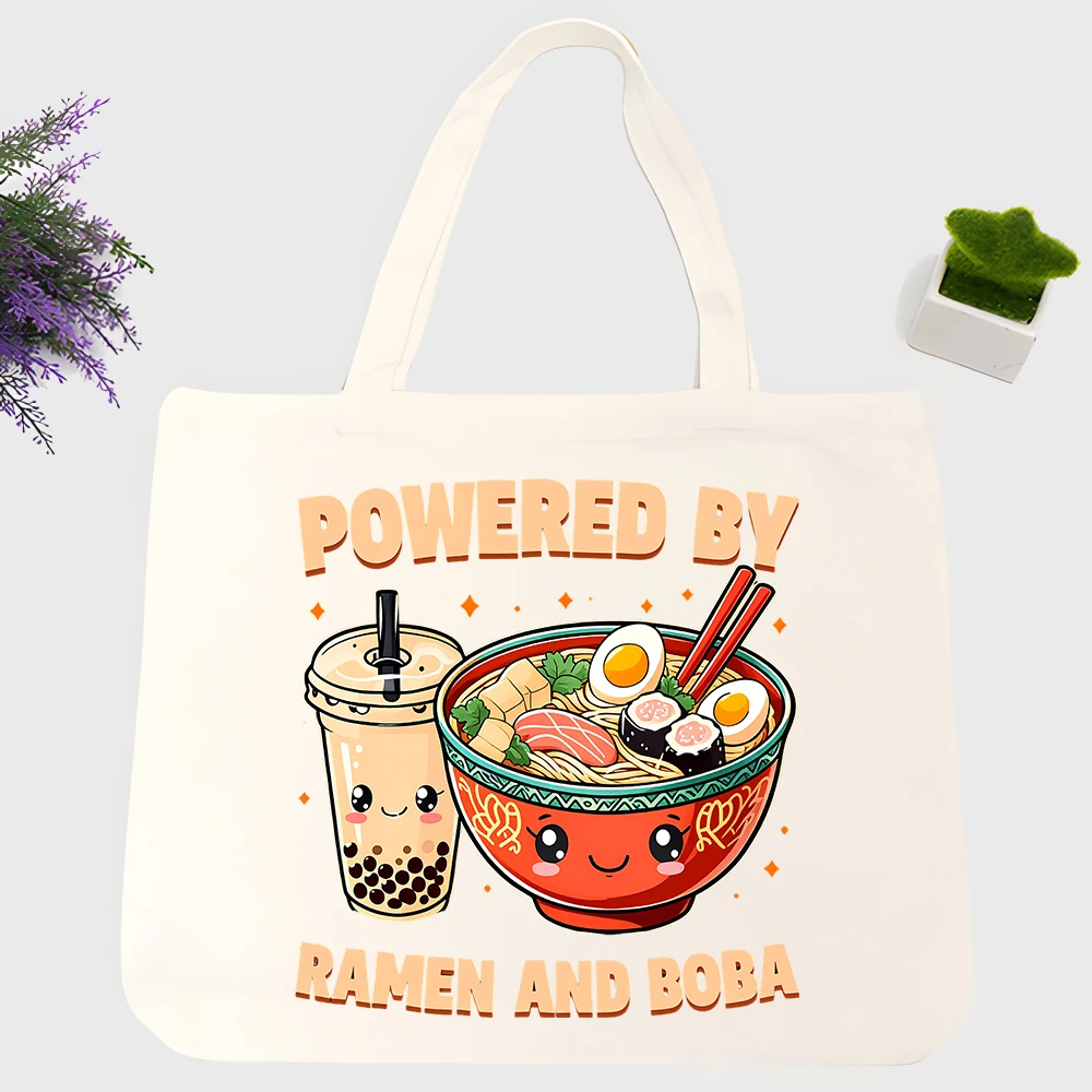 Women's ramen and boba graphic canvas tote bag, casual style for daily shopping and foodie outings
