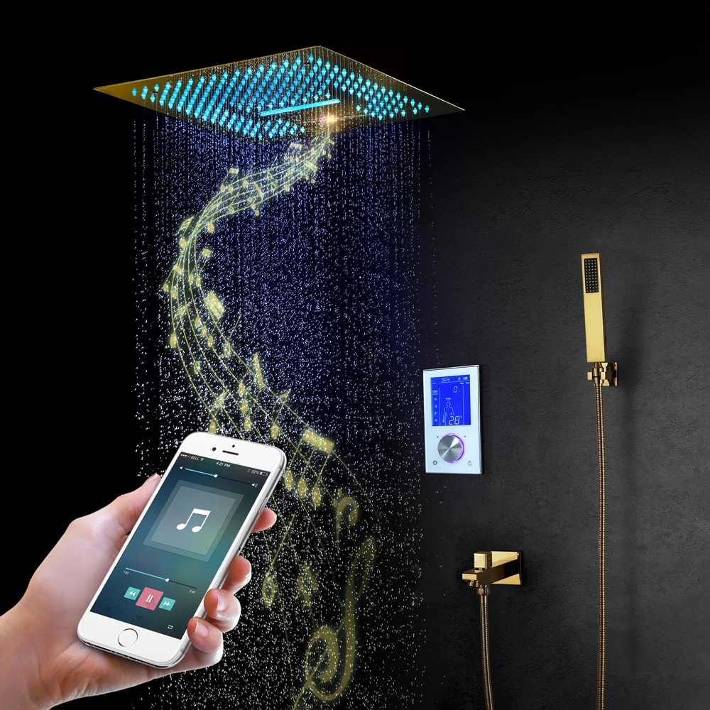 

Gold Brass Thermostatic Faucets Ceiling Shower Set Luxurious LED Intelligent Digital Display Rainfall Shower System