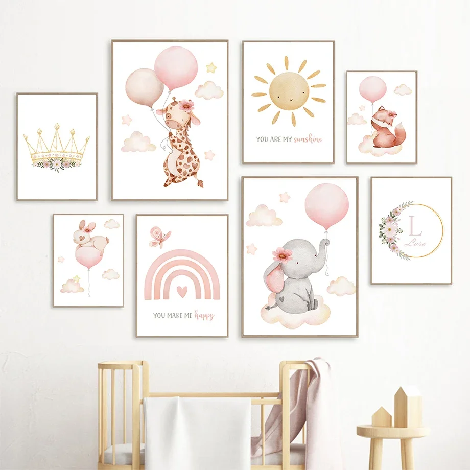 （2D Canvas painting） Blush Pink Nursery Wall Art Baby Girl Watercolor Canvas Prints Cute Animal Balloon Posters Pictures for