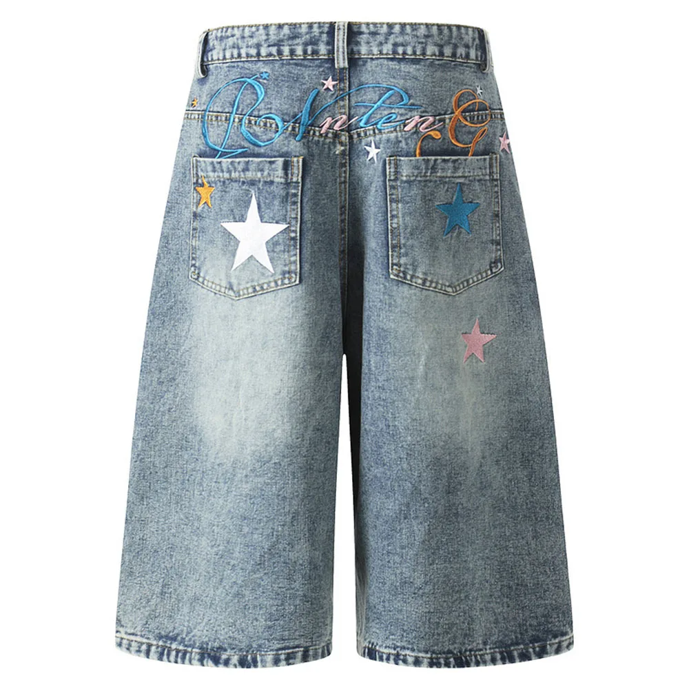New Letter Embroidery Pattern Denim Shorts Simple Design High Waist Slim Fit Hole Ripped Capri PantsTrendy Women's Shorts