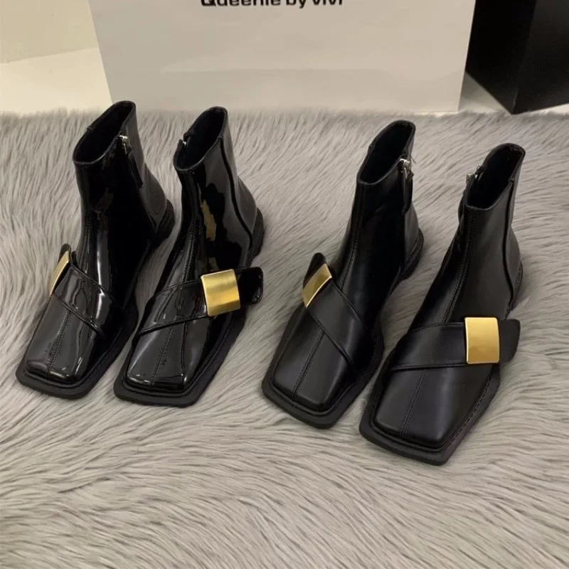 

New Style Designer Vintage Women Luxury Ankle Boots Fashion Square Toe Shoes Spring Autumn Flat Ladies Short Boots Zapatos Mujer