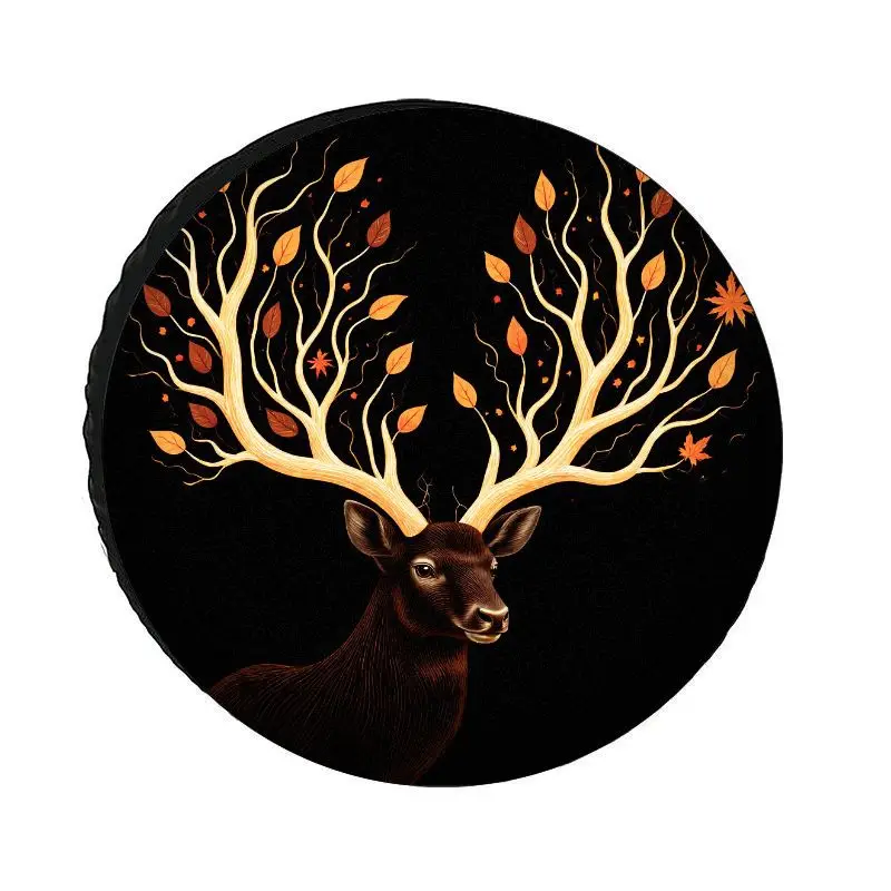 Golden Branch Autumn Leaf Deer Antler Art Pattern Polyester Tire Cover, Dustproof Sunscreen UV Spare Tire Cover, SUV Off-Road V